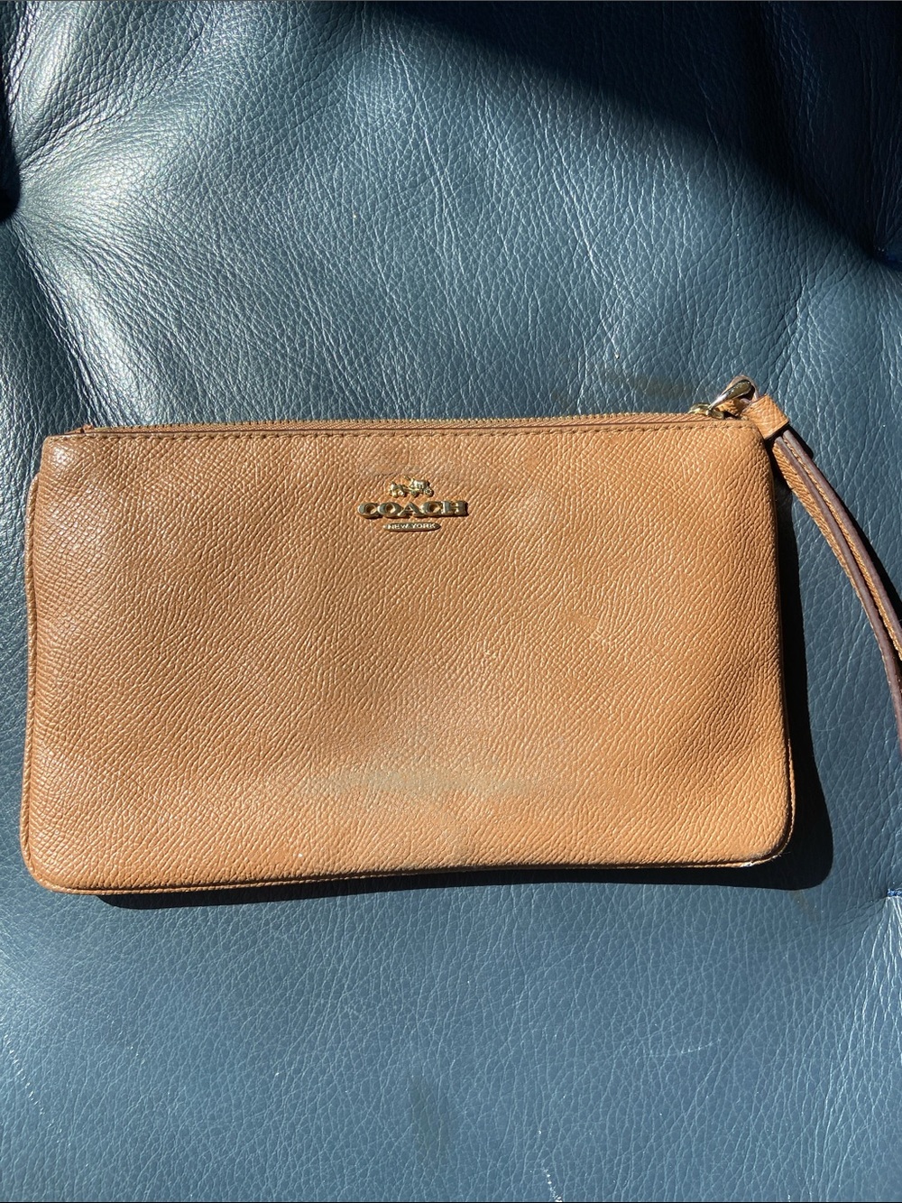 Coach Tan Leather Wristlet with Gold Logo